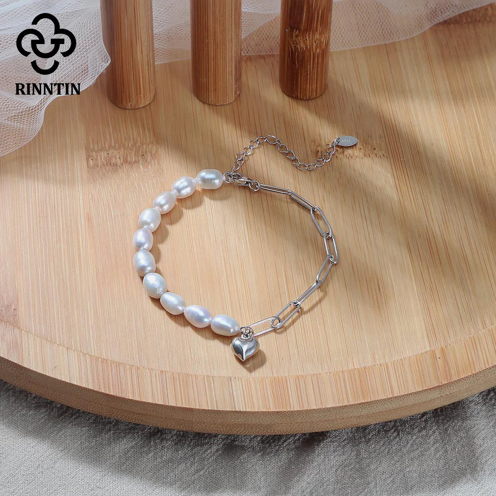 Rinntin Simple Vintage Style 925 Sterling Silver Natural Pearl Beads Bracelet with Heart Women's Summer Chain Gift Jewelry GPB17