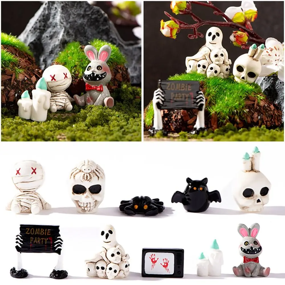 Mini Halloween Miniature Figurine Spider Bat Halloween Cartoon Scary Rabbit Statue Resin Candle Skull Desktop Knick-knack