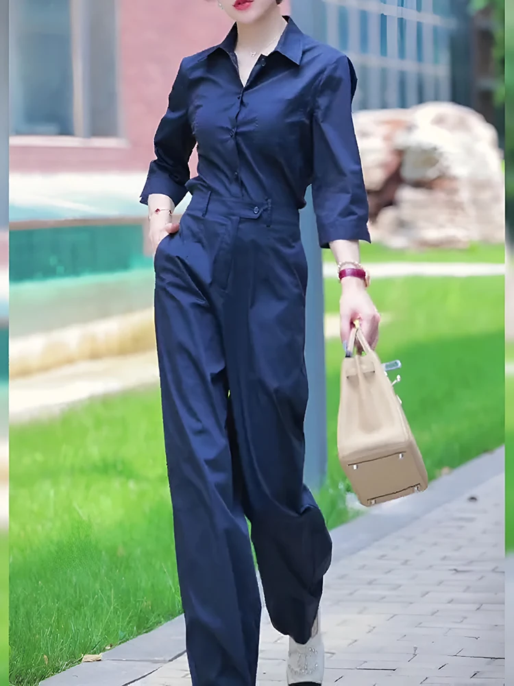 

Синие цельные брюки с высокой талией, женские модные весенние сезонные солевые длинные брюки для похудения, модные свободные брюки для поездок на работу