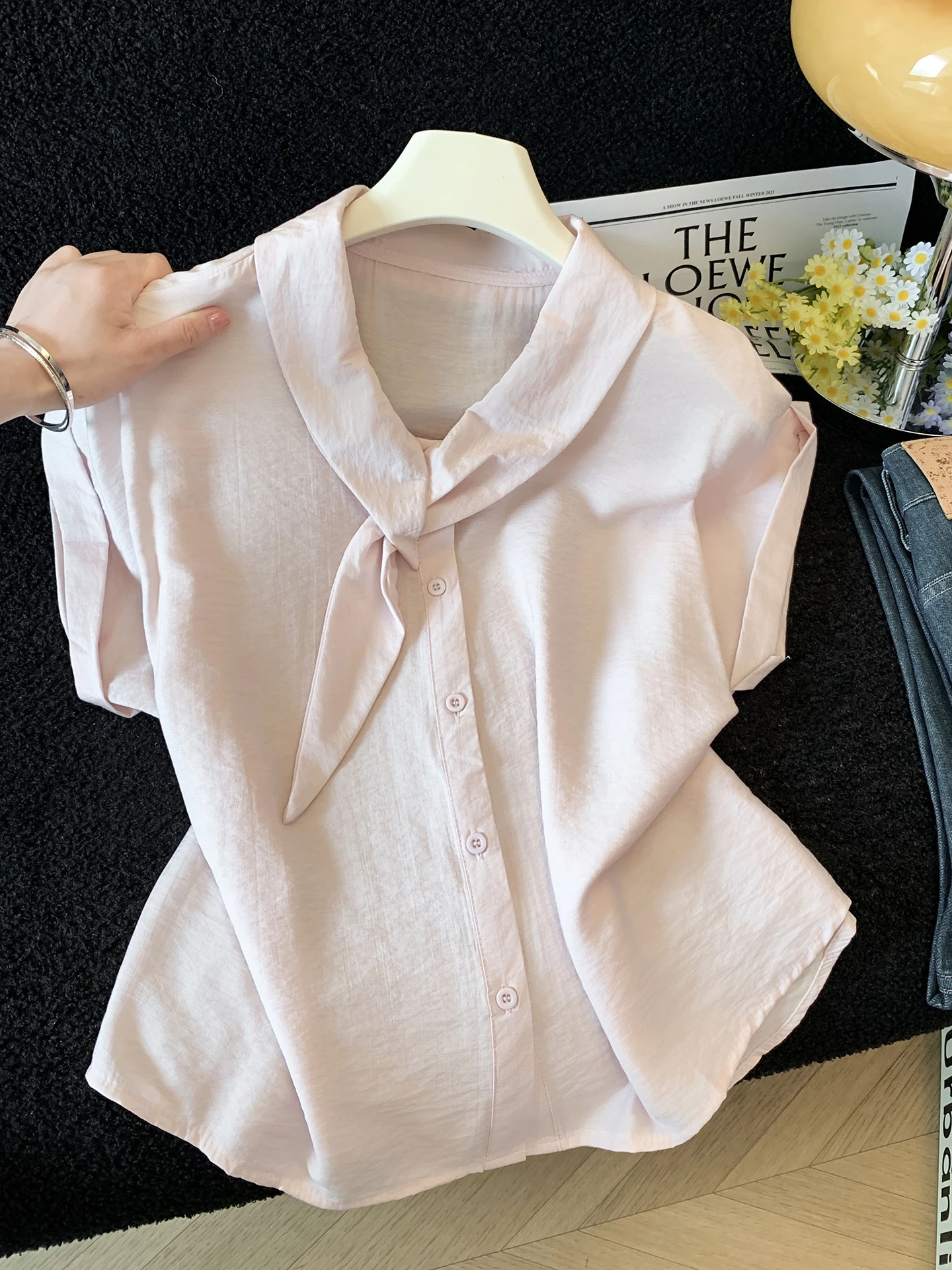 

White Sash Short Sleeve Loose Shirt Women's Summer Fashionable Top Breathable Lightweight French Style Casual Blouse