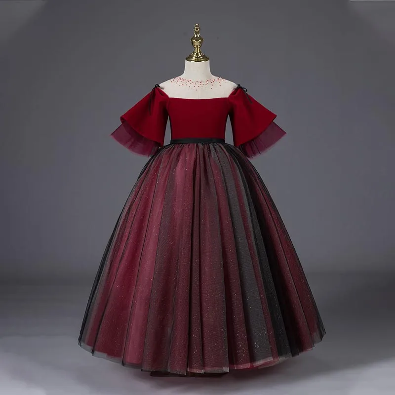 

Burgundy O-Neck Evening Dress Half Sleeves Simple Sequins Floor-Length Zipper Back Ball Gown Party Formal Dresses Woman B1872