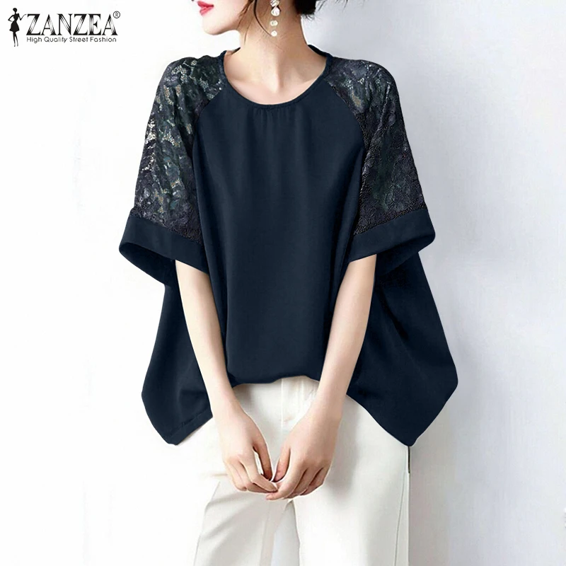 

ZANZEA Women Fashion Blouses Elegant Lace Patchwork Shirts Summer Spring Half Sleeve Casual Loose Street Office Lady Tops Tunic