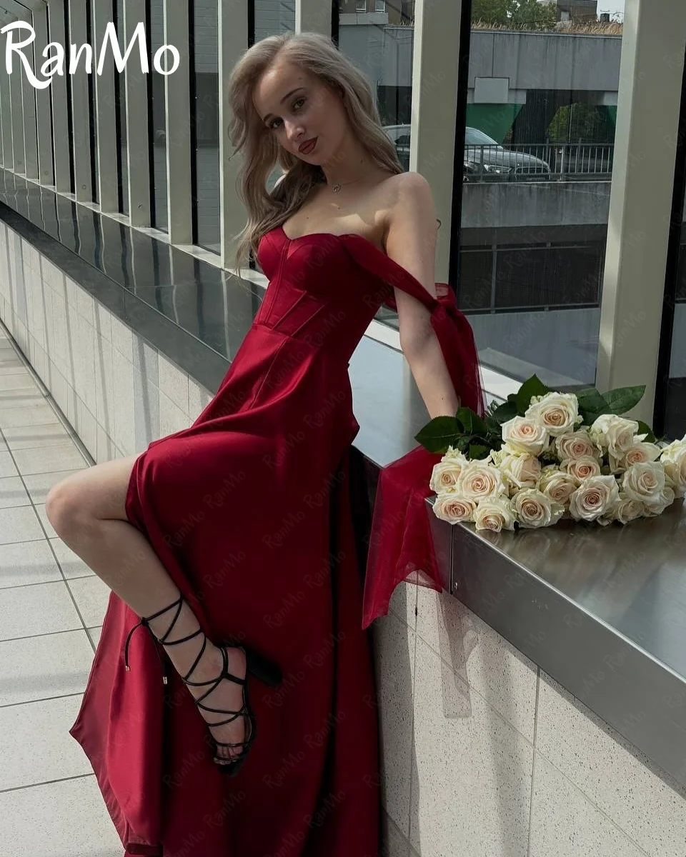 Ranmo 2025 г. Индивидуальное бордовое современное вечернее платье трапециевидной формы с открытыми плечами, платье для выпускного вечера с разрезом по бокам, Vestido De Novia длиной до пола