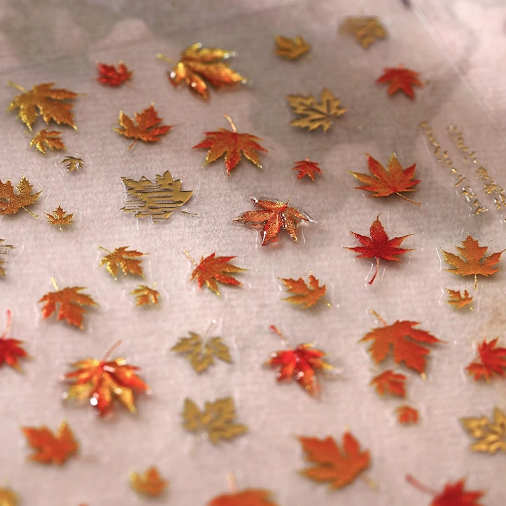 1pcs 5D Golden Fall Leaves Nail Art Stickers Thanksgiving Day Orange Maple Leaf Nail Art Gold Foils Autumn Manicure Decorations