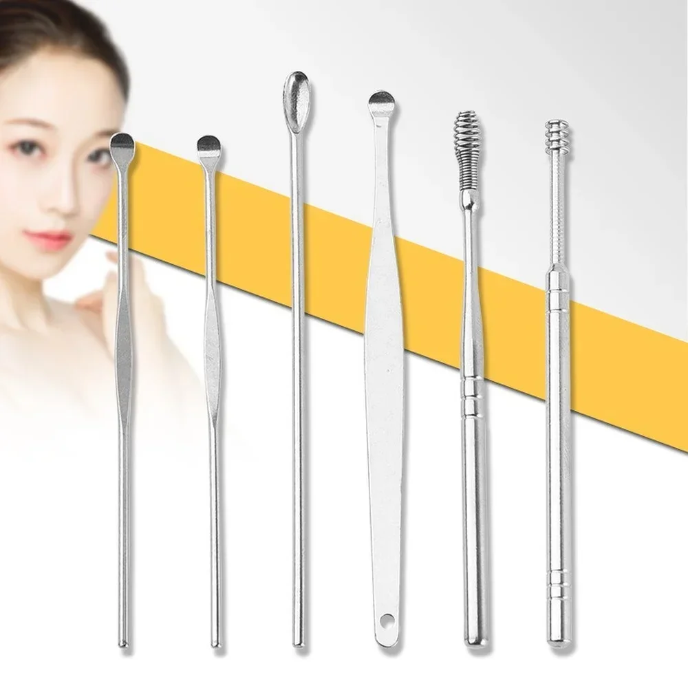 6 Pcs/Set Stainless Steel Spiral Ear Pick Spoon Ear Wax Removal Cleaner Multifunction Portable Ear Pick Ear Care Beauty Tools