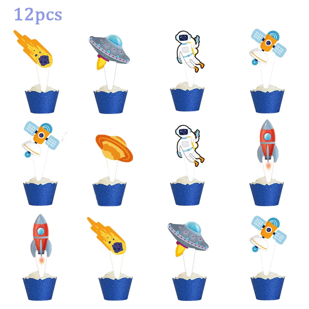 24PCS Astronaut Cupcake Topper Rocket DIY Baking Decors For Universe Outer Space Party Decorations Kids Birthday Party Supplies