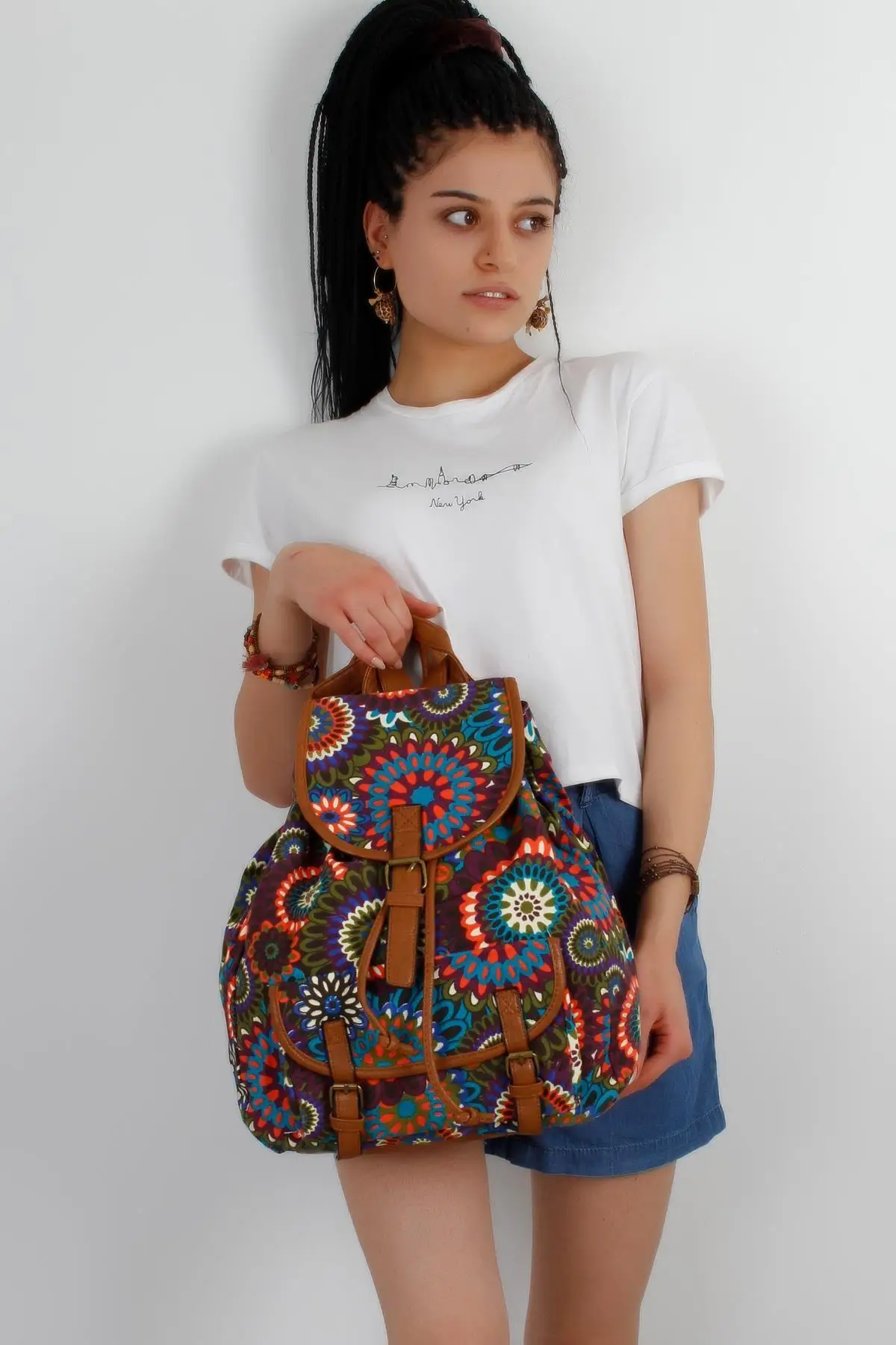 Women White Floral Print Cloth Backpack