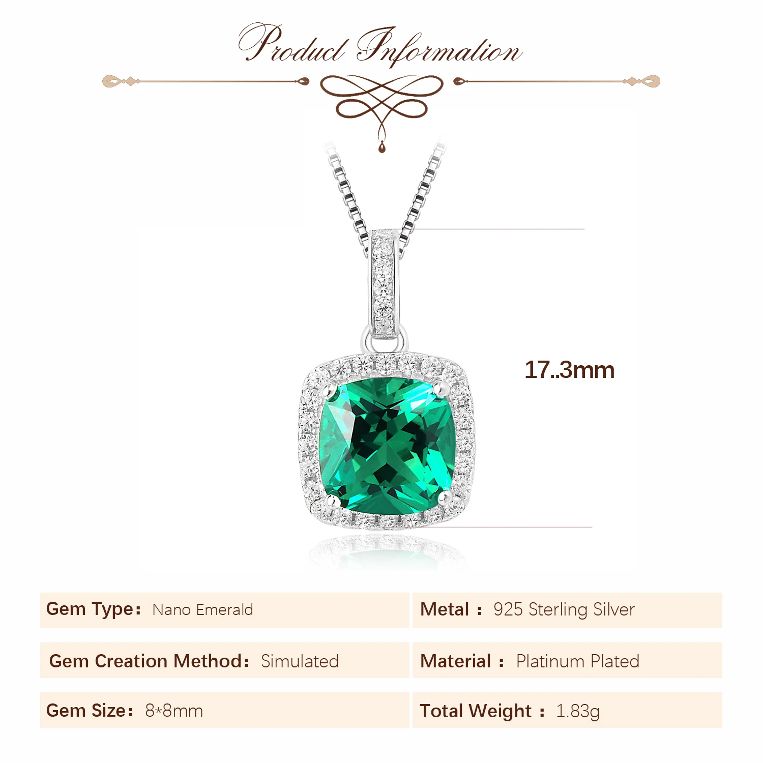 Potiy Square Simulated Nano Emerald 925 Sterling Silver Pendant Necklace for  Women valentines day gift jewelry sets NO Chain