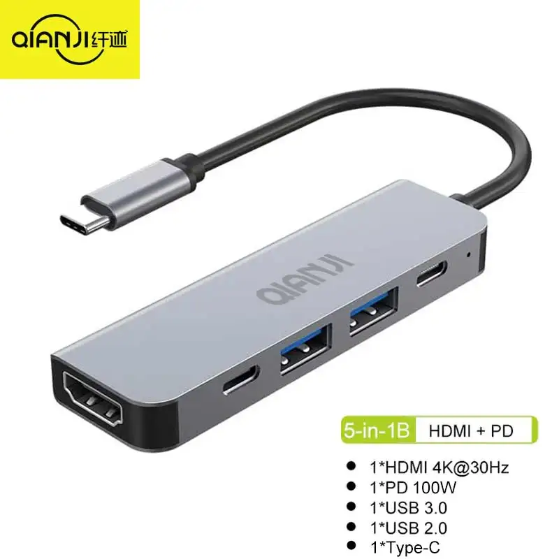 Qianji-adaptador multipuerto 5 en 1 para ordenador portátil y MacBook, Hub 5 en 1 con HDMI, 4K, 3,0 puertos tipo C y 100W de potencia