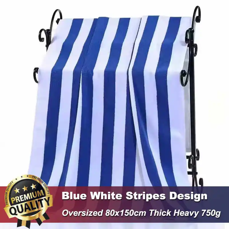 100% Cotton Beach Towel 80x150cm Blue White Striped Luxury Heavy Thick Terry 650g Absorbent Hotel Bathroom Bath Towel for Adults
