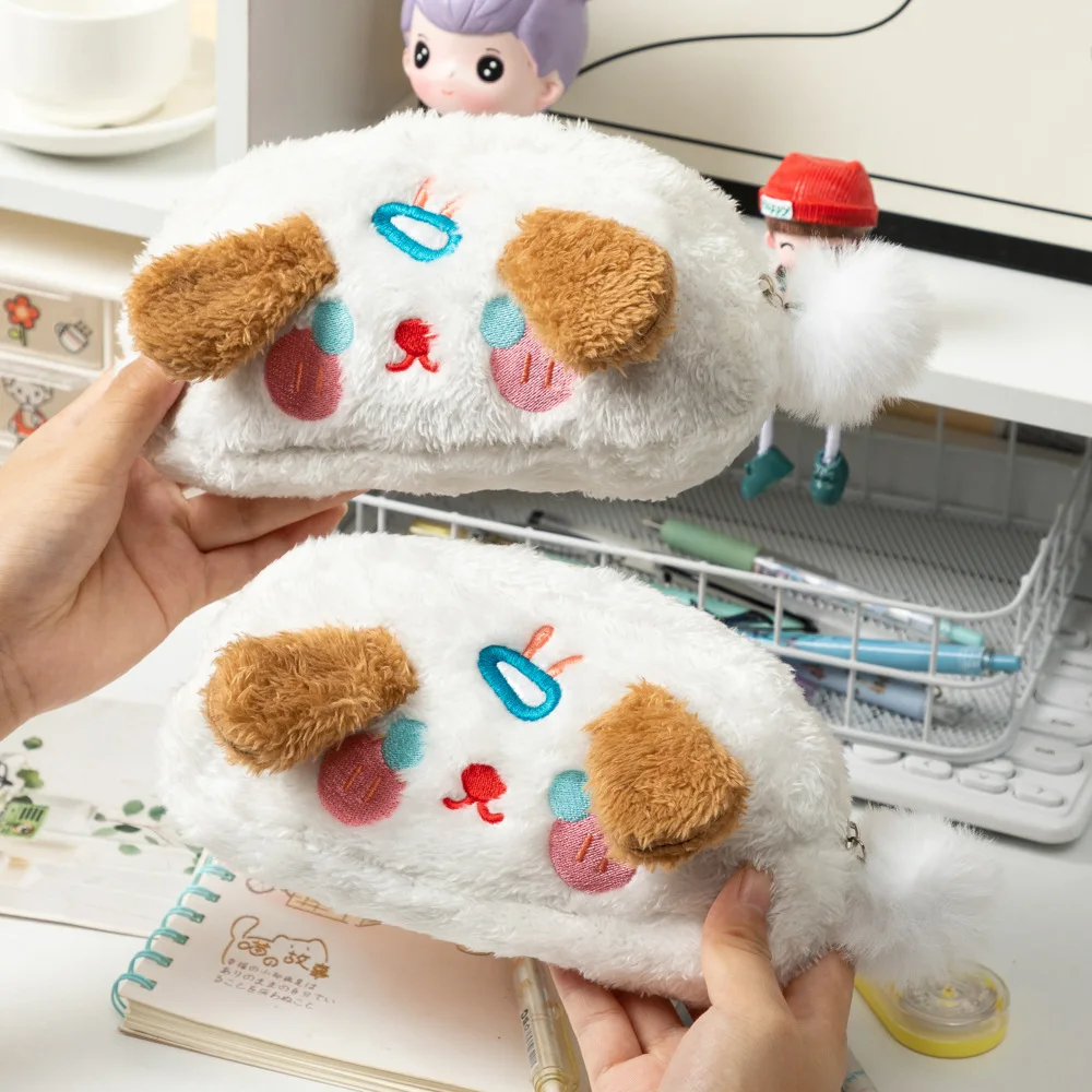 1Pc Japanese Kawaii Puppy Plush Pencil Case Cute Furry Puffy Girl Makeup Pouch Cartoon Stationery Storage Bag School Supplies