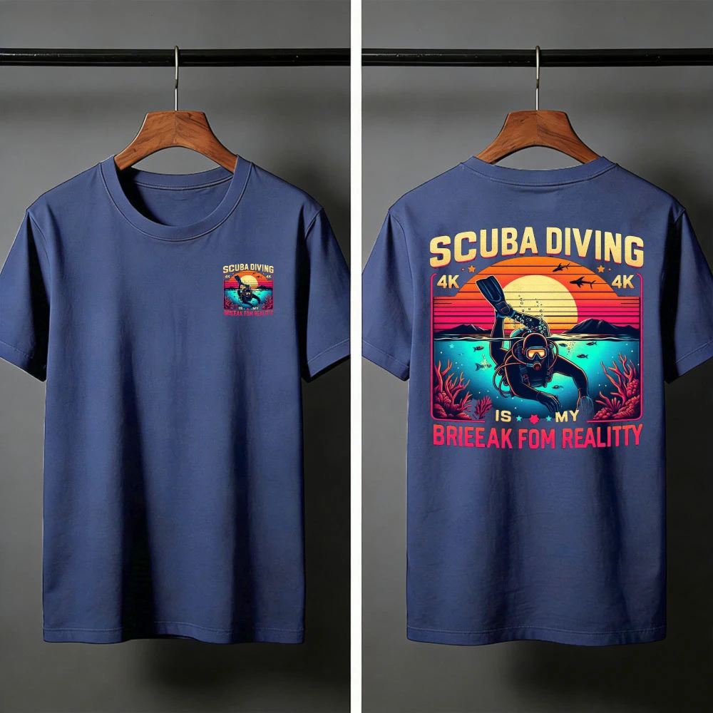 Scuba Diving Sunset Ocean Scene Summer Men T-Shirt Casual Graphic Tee Beach Vacation Outdoor Activities Gift Adventure Lovers