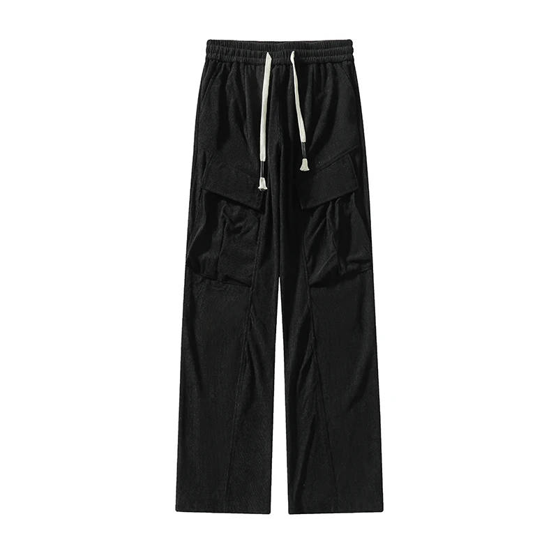 Vintage Corduroy Overalls Men's Autumn Casual Pants Big Pockets Loose Solid Colour Straight Leg Trousers