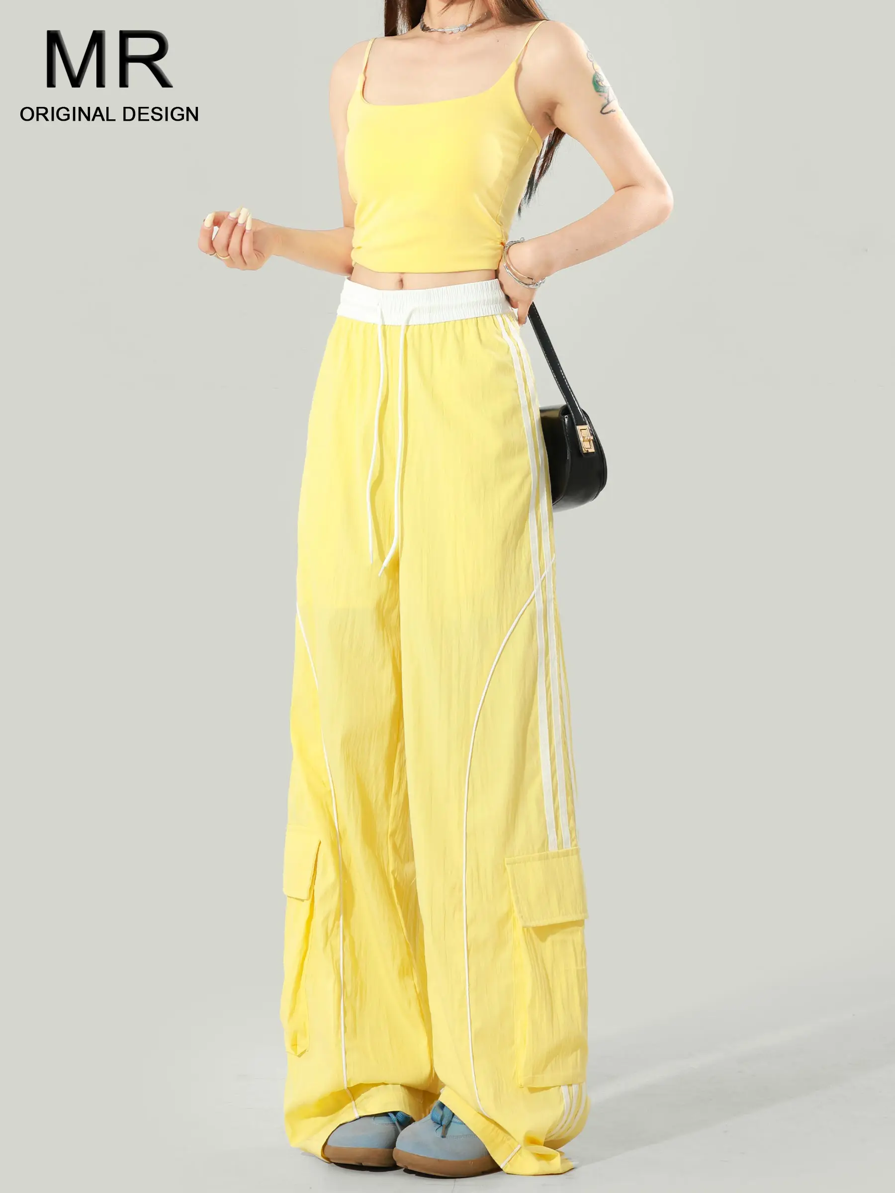 

Желтые полосатые брюки с высокой талией и широкими штанинами, женские летние новые свободные повседневные брюки, прямые брюки с высокой талией, длинные