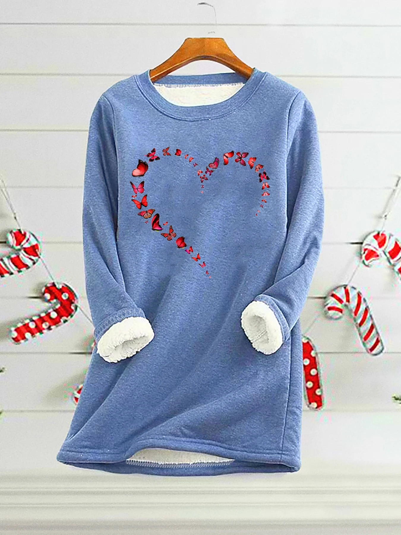 Butterfly Heart Print Fleece Sweatshirt Casual Long Sleeve Sweatshirt  For  Fall & Winter Women\'s Clothing