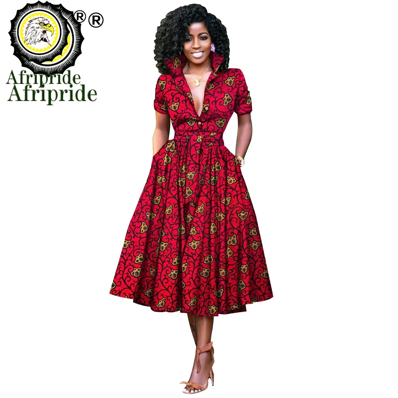 African Dresses for Women Short Sleeve V-neck High Waist Ankara Fabric Print Formal Dress Pure Cotton Bazin Riche Dress S2025072
