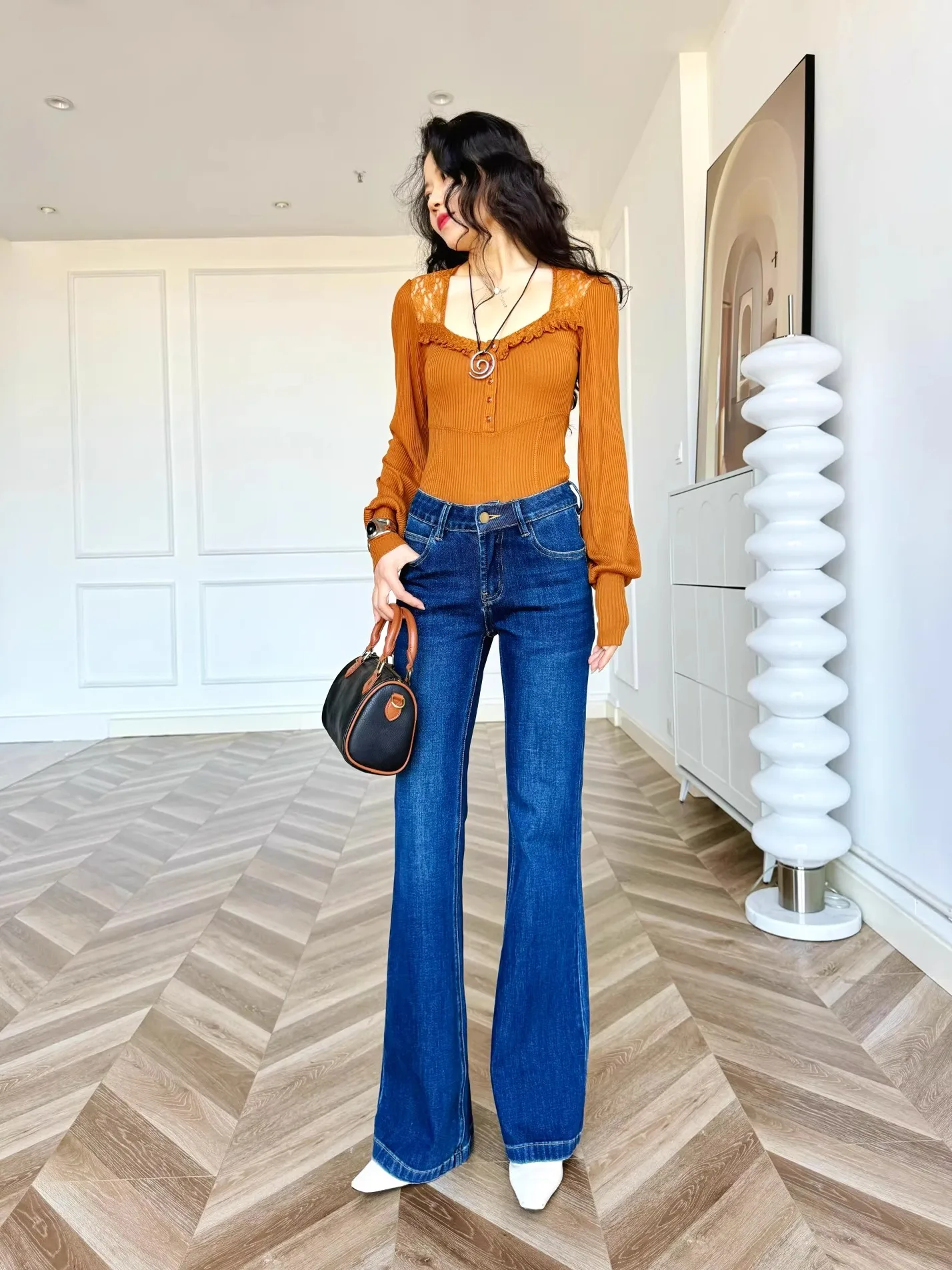 Smart  Jeans Bell Bottoms Deep Blue Cotton Stretch Denim mid Low Waist Pockets Pure Desire Women's Fashion Spring Autumn