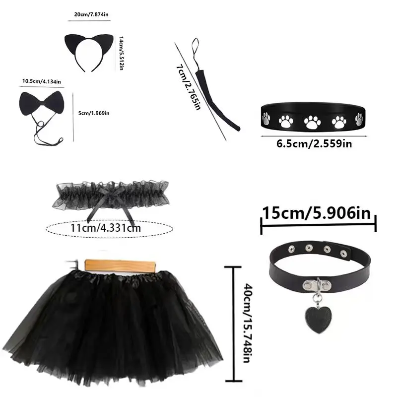 PESENAR 猫耳カチューシャと尻尾ベル付き首輪セット、猫コスチューム黒猫耳と尻尾猫コスチュームアクセサリーハロウィンセット