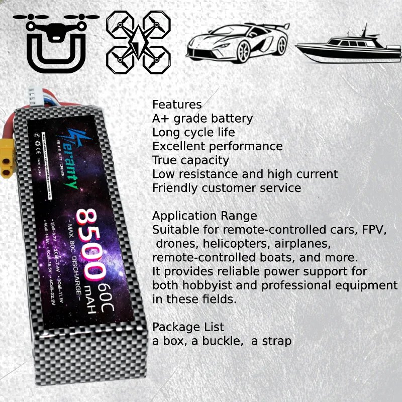 TERANTY 11.1V 6500mah 8000mah 8500mah 3S Lipo Battery 60C 80C With XT60 XT90 T Plug for RC Airplane Helicopter Boat Power Supply