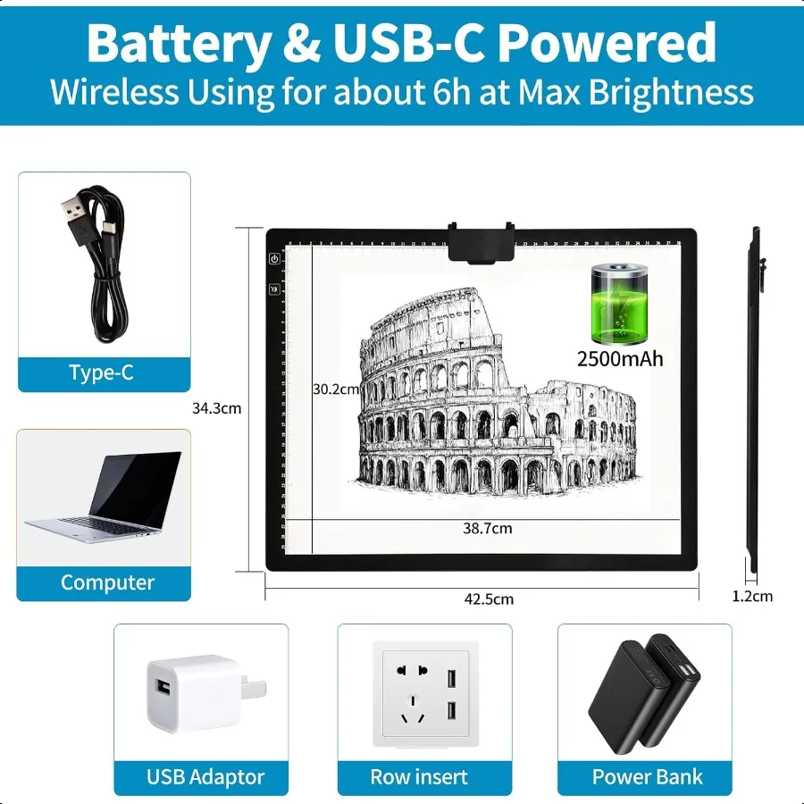 Wirel A3 LED Light Pad with Foldable Stand Top Clip 3 Colors Stepl 6Level Dimmable Brightn Rechargeable tracing Light Box Board