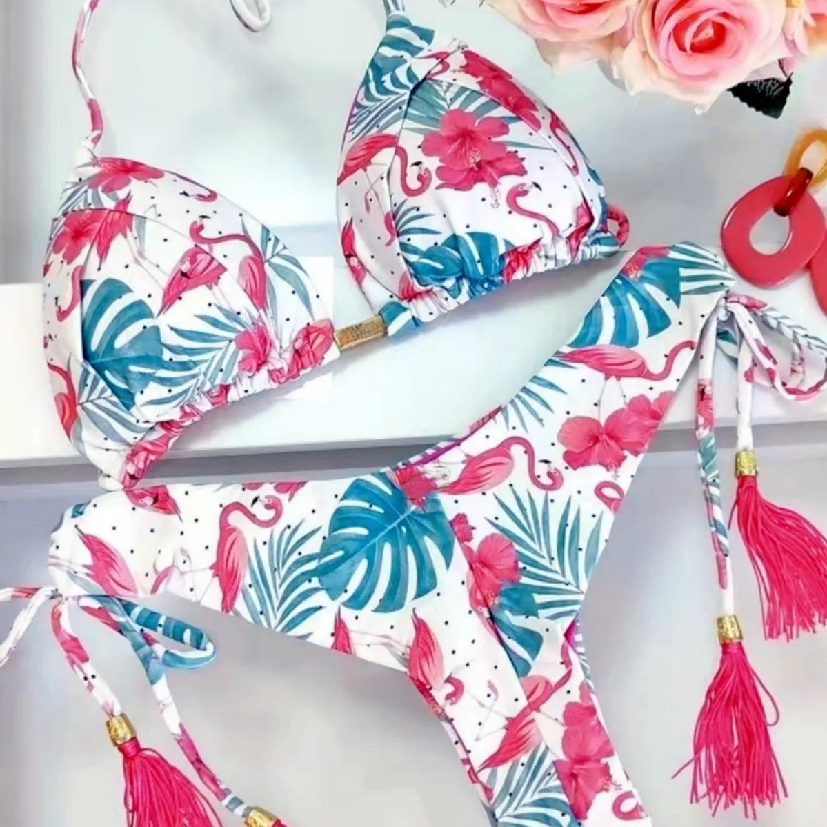 2026 popular hot style printed tassel bikini suit low waist tie European and American fashion