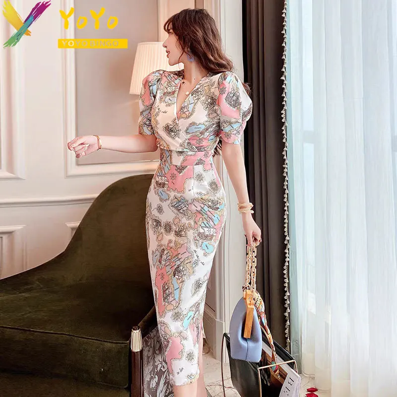 Formal Print V-neck Bubble Sleeve High Waist Dress 2024 Summer Elegant Temperament Slim Fit Short Sleeve Party Dress