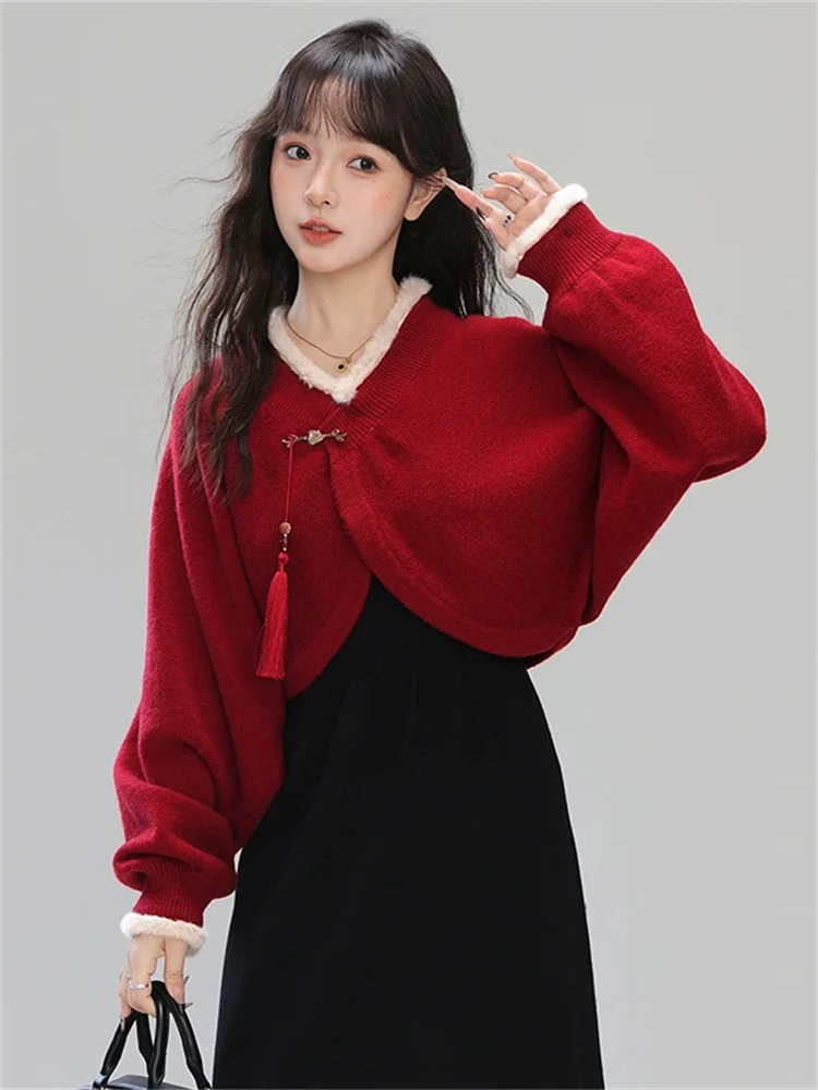 

Faionable Chinese Sle Women's Knitted Set Winter New Arrival Ele Two-Piece Dr High Waist Loose Fit V-Ne Long Sve
