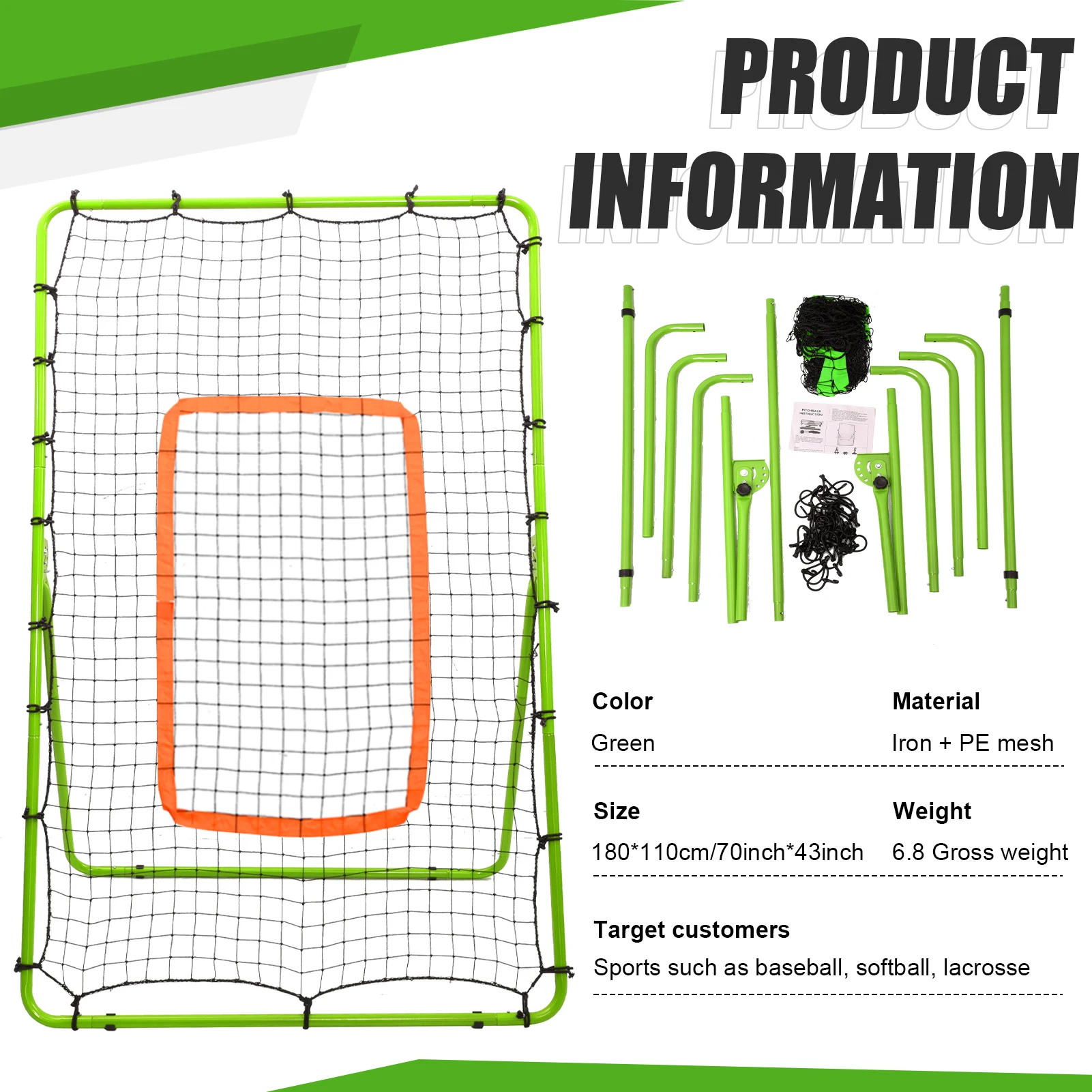 Volleyball Rebound Net 180x110cm Practice Net Volleyball Practice Equipment with 4 Adjustable Rebound