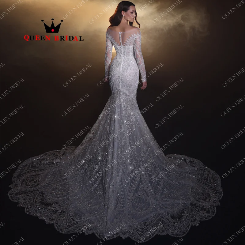 Sexy Mermaid Wedding Dress Exquisite Illusion Sequined Pearls Lace Long Sleeve V Neck Birdal Gown Vestidos De Novia Custom Y14X