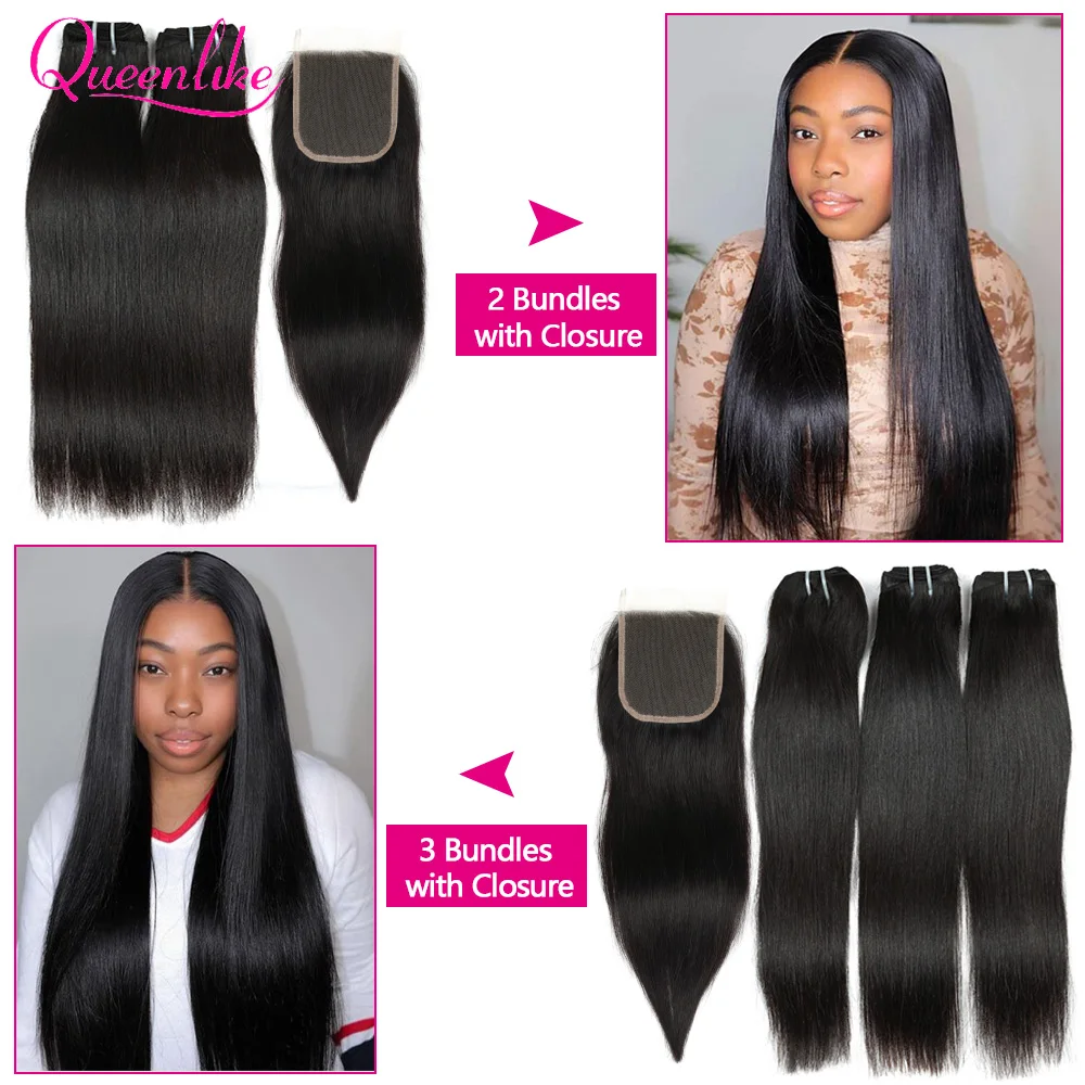 Queenlike-Pacotes duplos desenhados, 100% Pacotes de cabelo humano com fechamento, cabelo liso cru, 4x4 Lace Closures, 15A