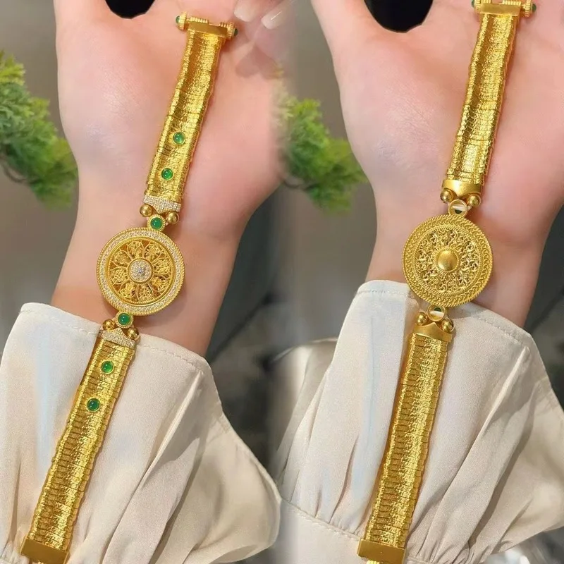 Elegant Eight Treasures Gold-Color Bracelet With Double Clasp Watch Chain, Fashionable Retro Style
