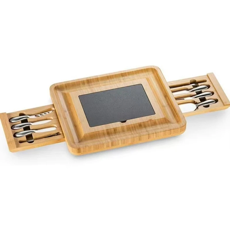 Bamboo Cheese Board Set with 6 Stainless Steel Knives - Natural Wood and Slate Plate