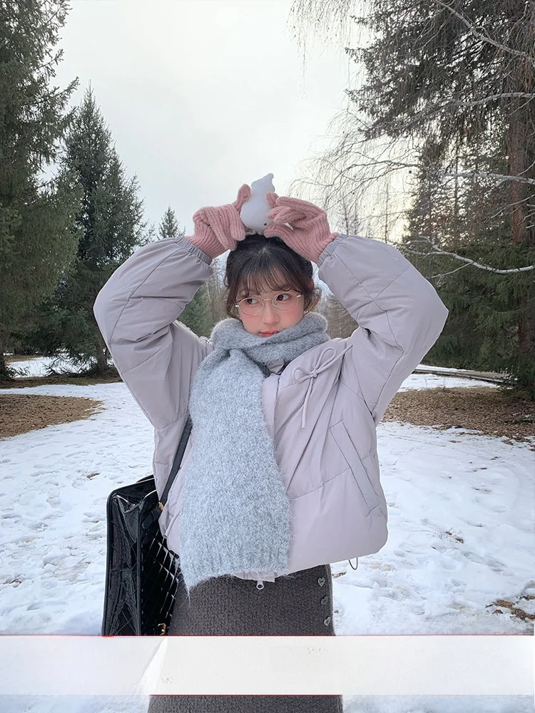 

Женская теплая куртка-пуховик Holid Map с воротником-стойкой, кружевом и бантом, повседневная, тонкая, белая