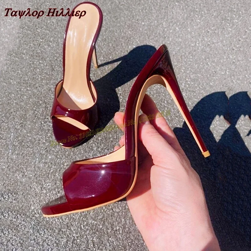 

Red Patent Leather Slipper Sandals Round Head Stiletto Summer Ladies Slippers Fashionable Sexy Outer Wear Shoes Ladies 47