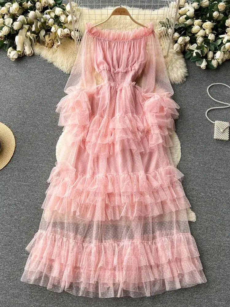 Mulheres elegante malha renda vestido longo verão sexy fora do ombro magro a linha babados camada vestidos vintage primavera verão longo robe