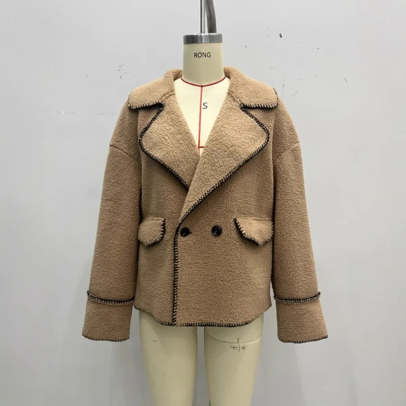 

Меховая куртка цвета хаки с зубчатым воротником, пушистое свободное плюшевое пальто на одной пуговице, теплая толстая куртка из искусственного меха 2025, стильная повседневная куртка