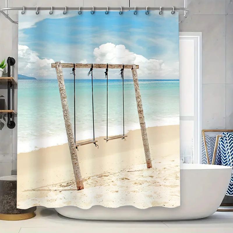 

Summer Beach Swing Shower Curtain Waterproof Bath Decorations Wooden Sea Blue Sky Print 3D Customizable Shrink Film Curtains for