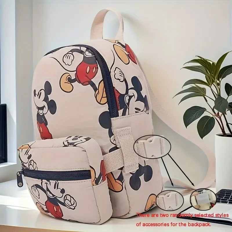 

DISNEY Mickey Mouse Lightweight Nylon Backpack with Detachable Pouch, Adjustable Strap & Zipper Closure - Neutral Cartoon Print