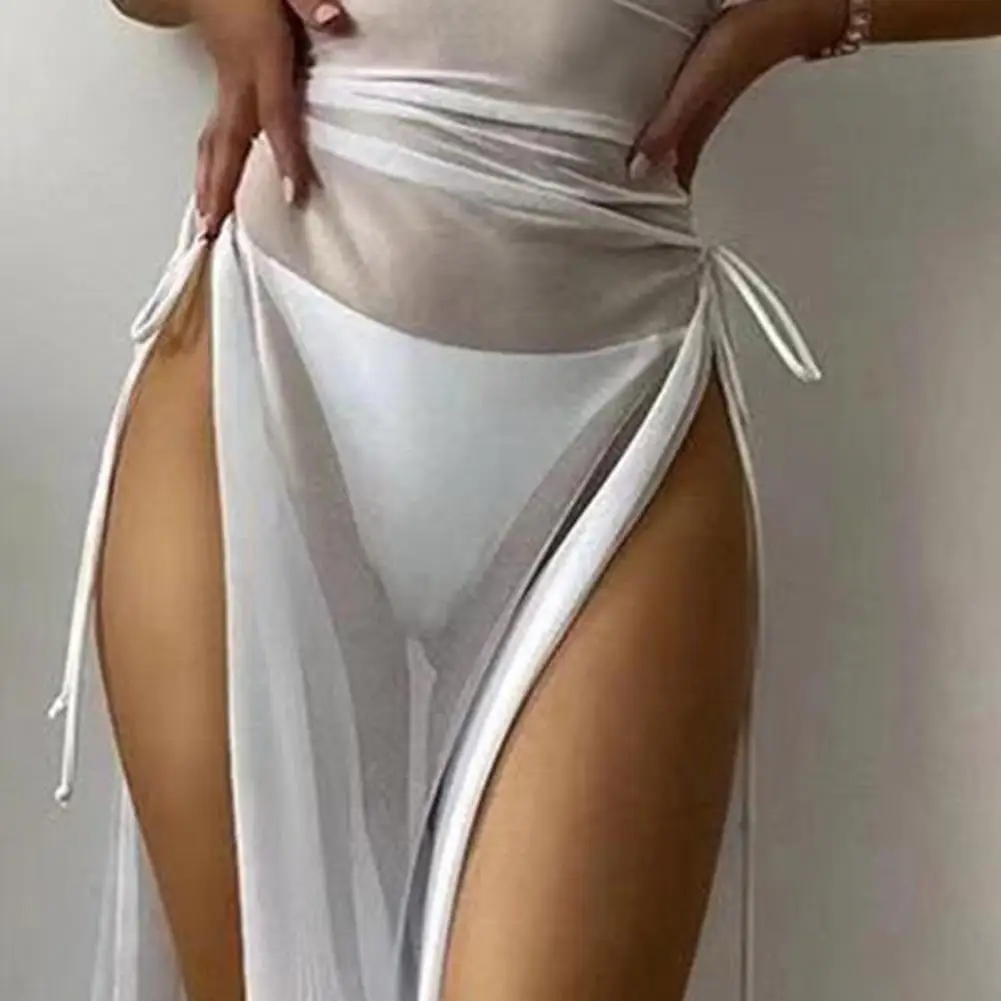 Women Mesh Transparent Sleeveless Sunscreen Dress O-neck Side High Split Shirring Cover Up Dress for Vacation