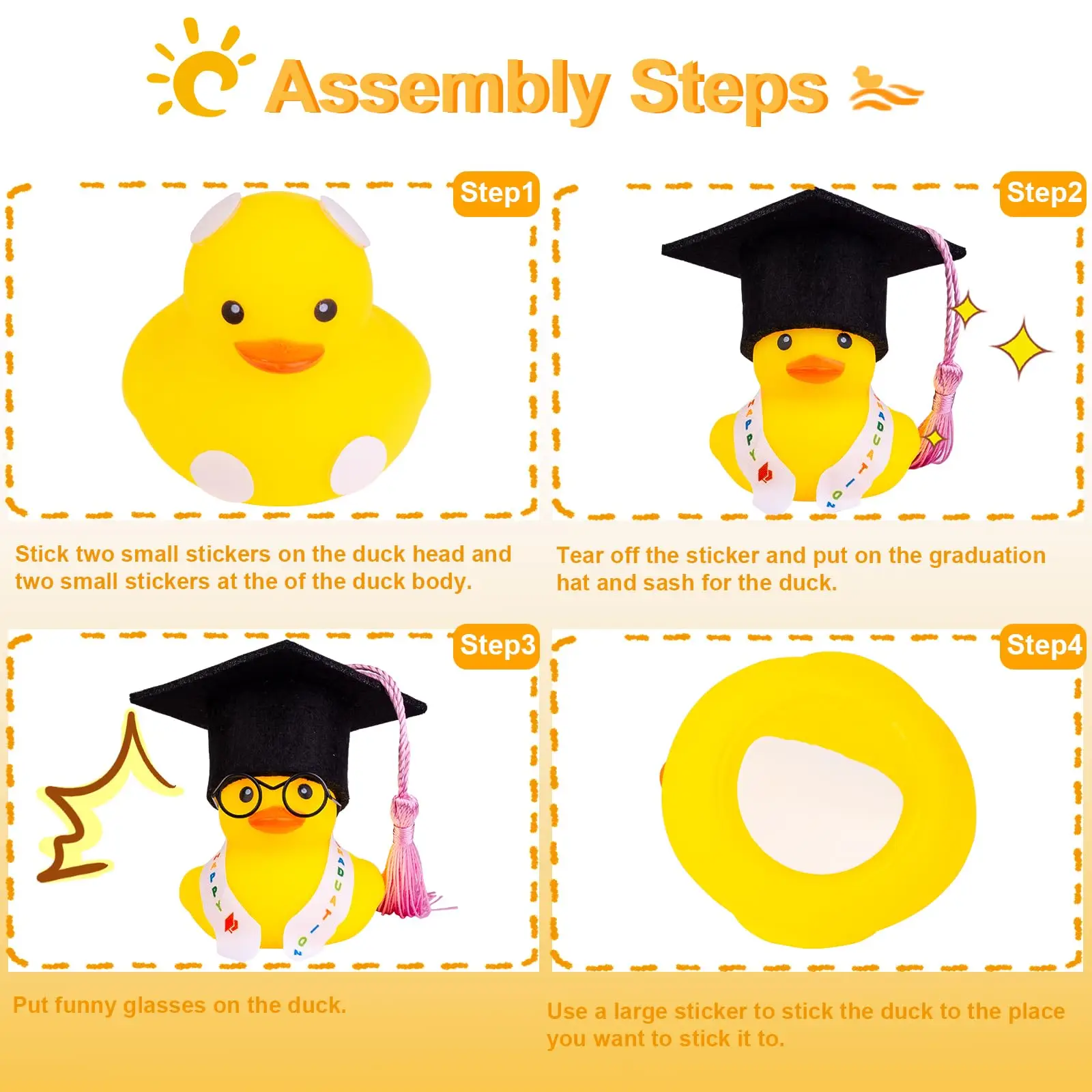 Graduation Ducks Car Dashboard Decorations Rubber Duck Car Ornaments Accessories with Mini Graduation Hats Sashes Glasses