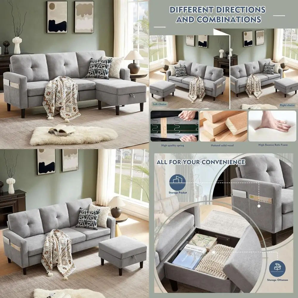 

79 Convertible Sectional Sofa, Small L-Shaped 3-Seat Couch with Storage Chaise and Side Table, Linen Fabric, Reversible for Livi