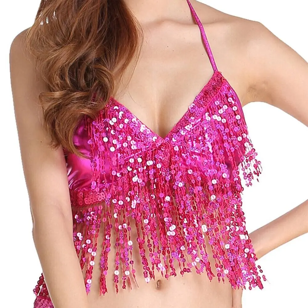 Belly Dance Sequin Fringe Top Nightclub Performance Halter Bra Dance Wear Show Costumes Halter Bra  Performance Top