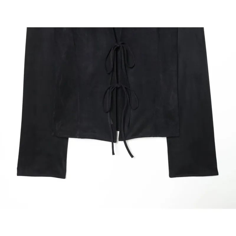 HipSeam Women Faux Suede Shirt with Ties Spring Autumn Open Collared Long Sleeve Women's Shirt & Blouses Female Chic Tops