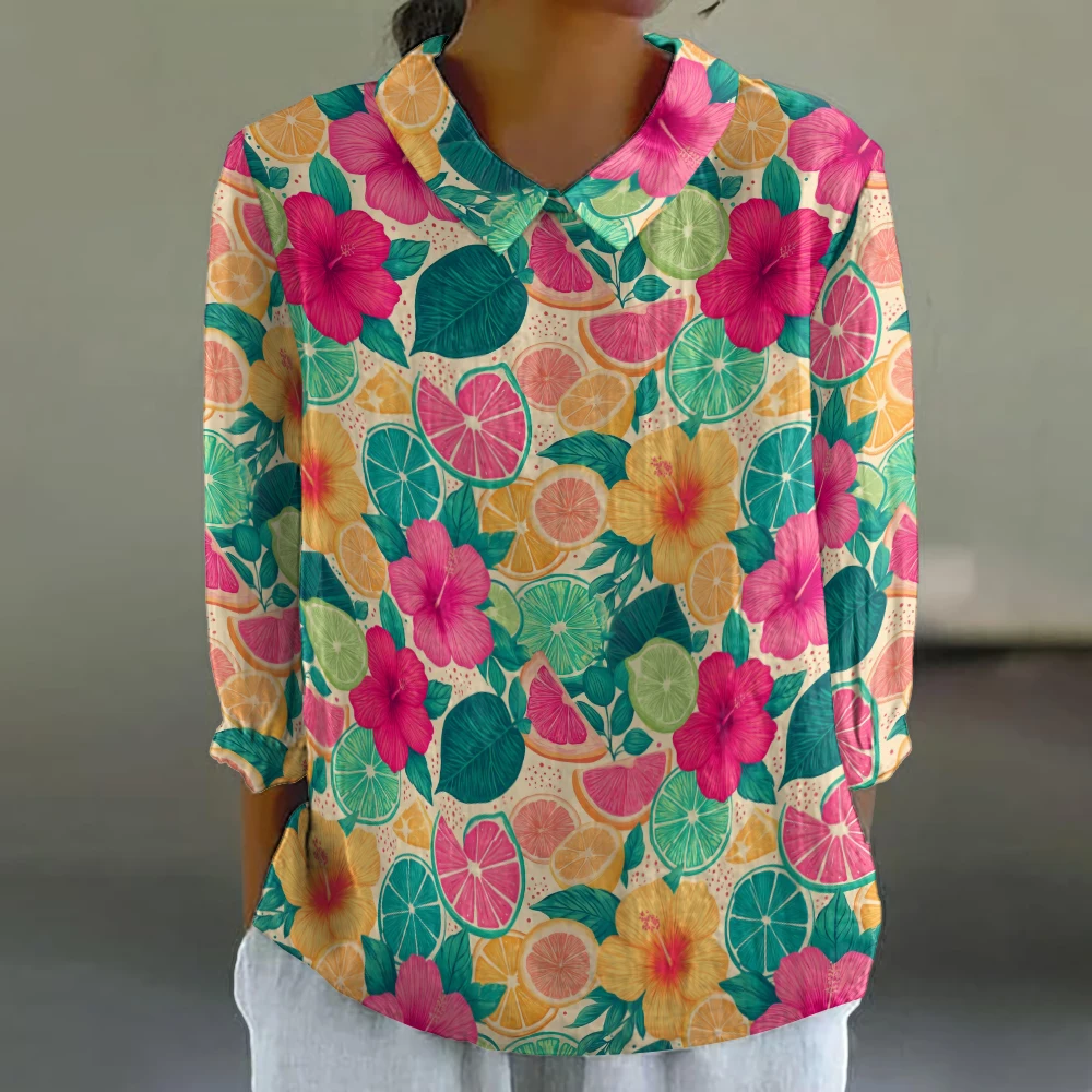

Tropical floral patterns Bubble sleeve shirt Vintage Chic Floral & Stripe Pattern Spring/Autumn Top Elegant Office Shirt
