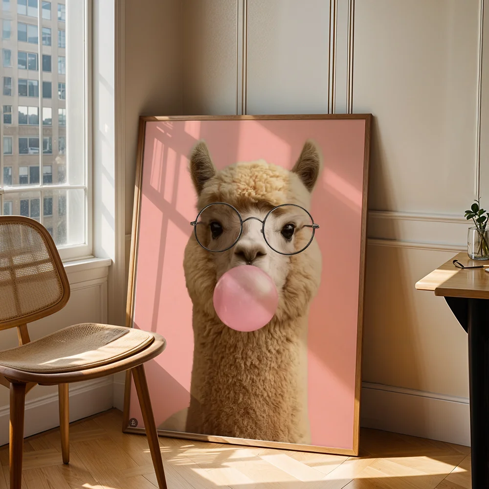 Minimalist Abstract Alpaca Blowing Bubble Gum Canvas Wall Decor Painting, Wall Art For Living Room Bedroom, Aesthetic Home Decor