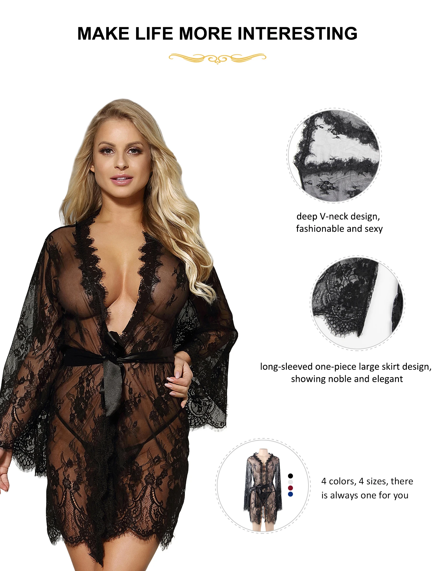 Comeondear Babydoll Eyelash Lace Dressing Gown With Belts Plus Size Chemise Women Erotic Clothing Mesh Ribbons Sexy Lingerie Set