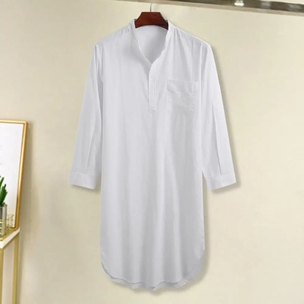 Solid Color Nightgown Men's Long Sleeve Solid Color Pajama Shirt with Button Design Versatile Nightgown for Daily Wear