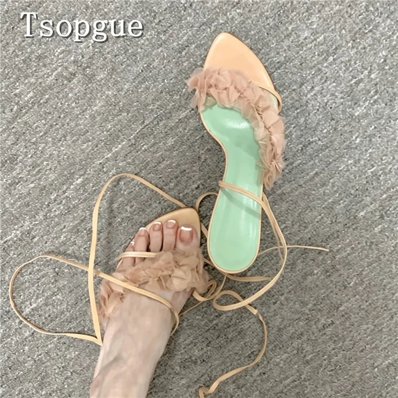 Elegant Ladies Lace Petal Ruffle Decor High Heel Sandals Pointed Toe Lace Up Stiletto Heels for Wedding Bridal Party Daily Wear