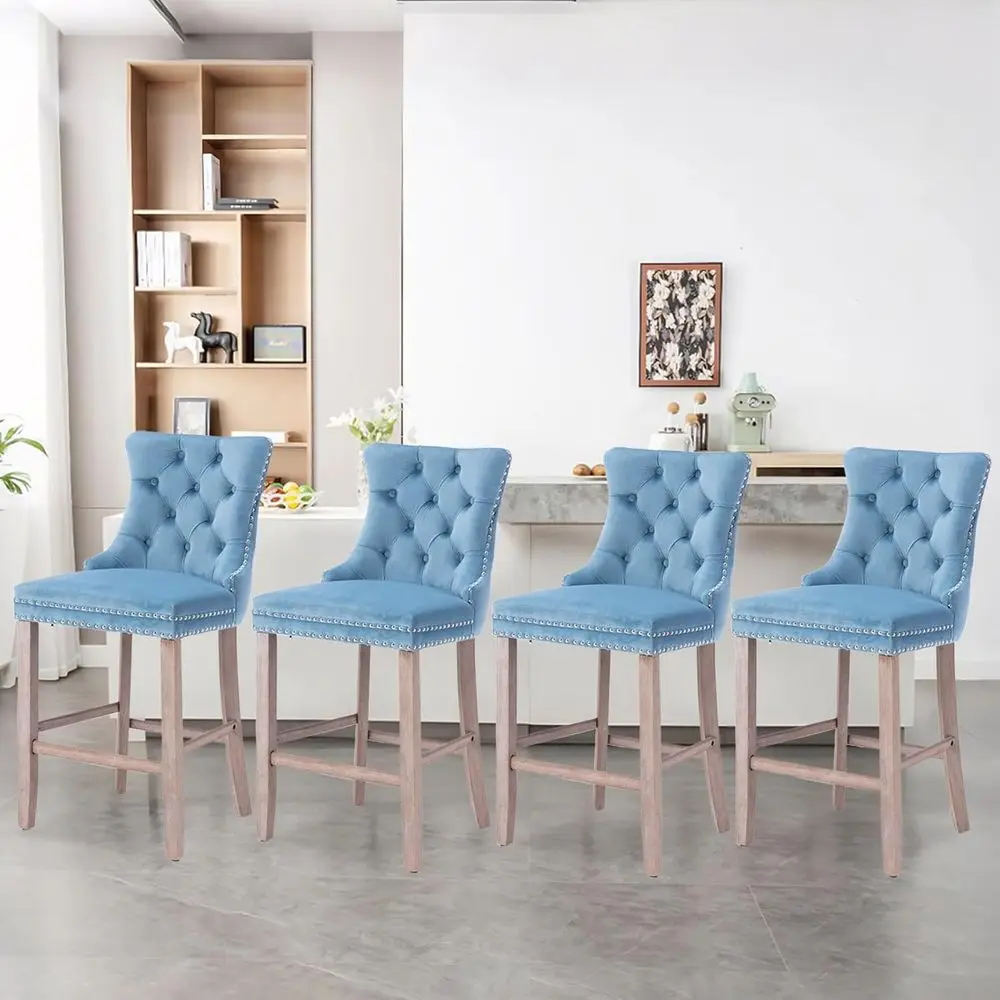 

Set of 4 Elegant Sky Blue Velvet Bar Stools with Backrest for Kitchen Islands and Pubs