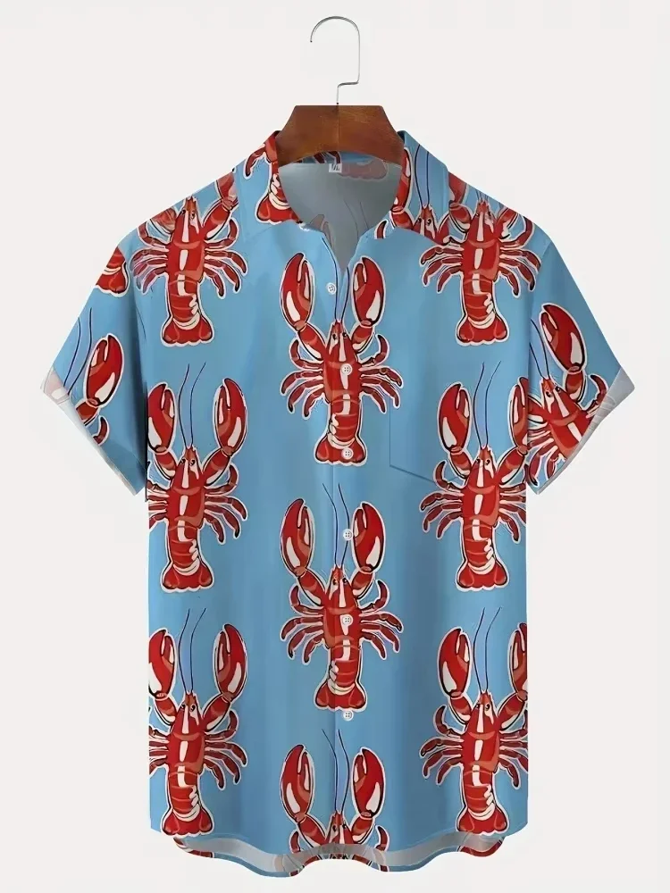 Cartoon Lobster Hawaiian Shirt Men's and Women's Clothing Summer Vacation Shirt Short-sleeved Button-down Lobster Shirt